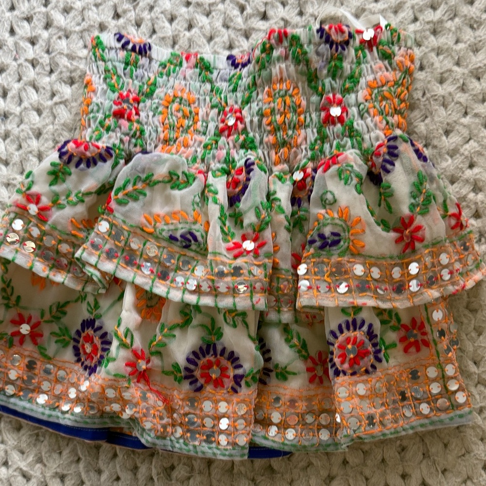 White Embroidered Tiered Mini Skirt with Multicolor Floral Accents